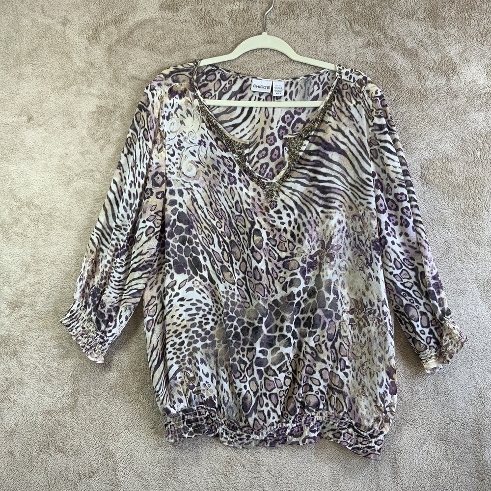 Chicos Womens‎ Silk Top Size 3 XL Sheer Animal Print 3/4 Bell Sleeve Studded EUC